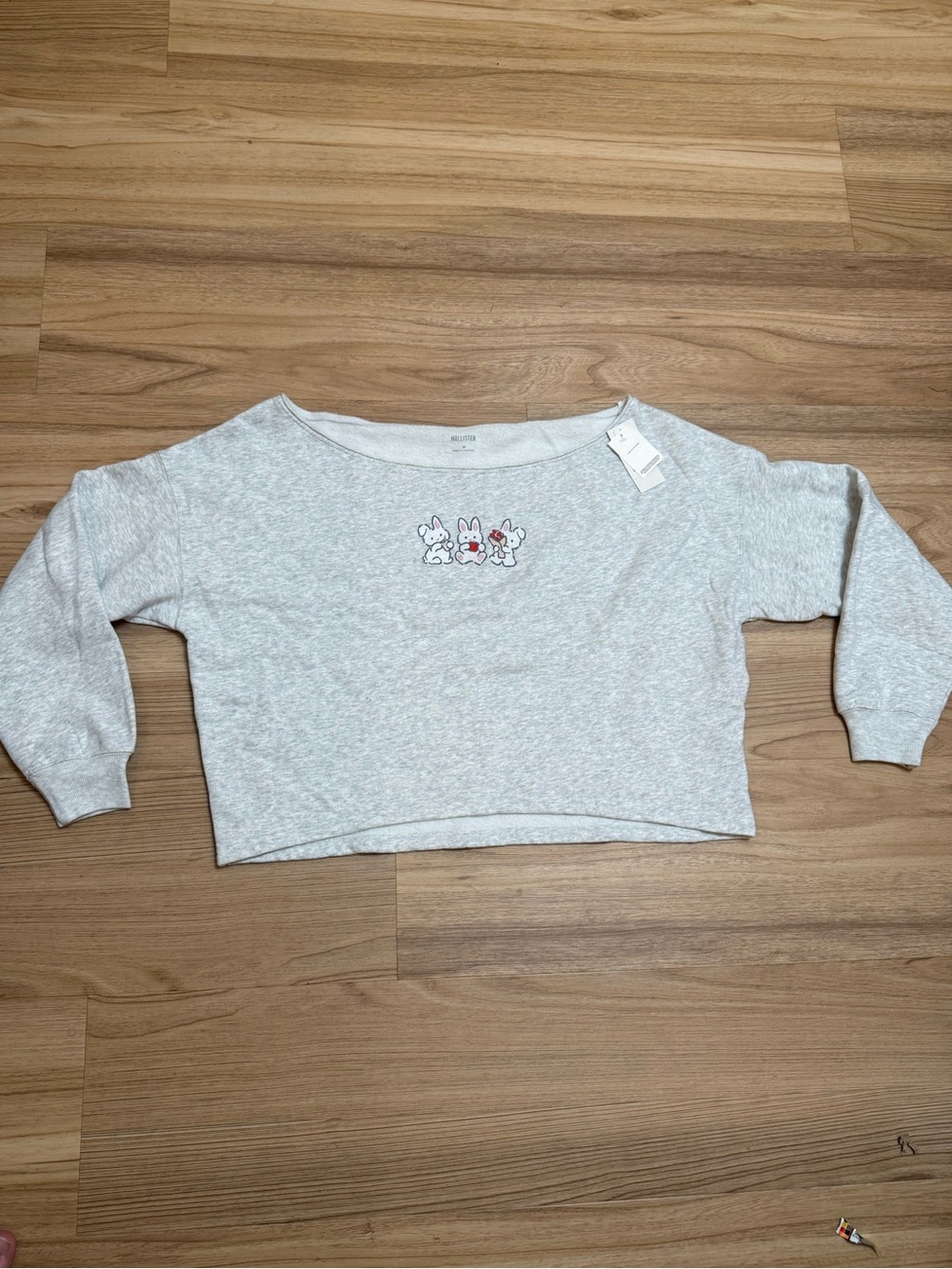 Hollister Bunny Gray Heather Off-Shoulder Crewneck Sweatshirt Oversized Medium